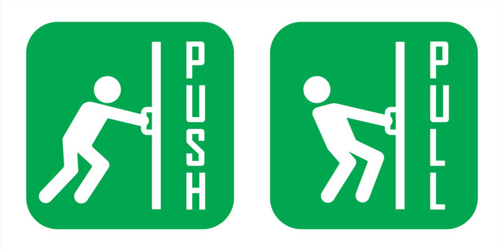 Push and Pull Door sign icon set. Push and Pull label, logo, badge, icons, sticker, emblem, stamp, symbol, black, line circle, flat vector, isolated illustration. Open and close door sign