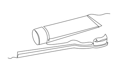 Continuous single line of tooth brush and tooth paste. Dental care sketch drawing editable stroke vector illustration