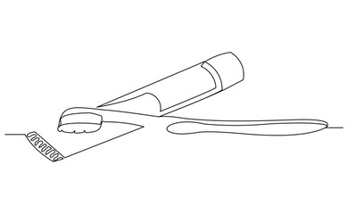 Continuous single line of tooth brush and tooth paste. Dental care sketch drawing editable stroke vector illustration