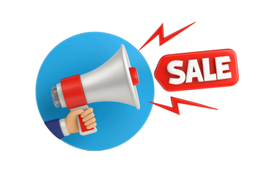 Hand holding a megaphone announcing a sale with red lightning bolts on a blue circle isolated on transparent background