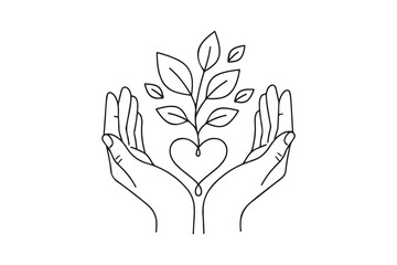 Obraz premium A delicate line art illustration of two hands gently cradling a plant with heart-shaped leaves, symbolizing care, growth, and love. Perfect for themes related to sustainability, eco-friendliness, and 