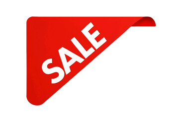 Fototapeta premium Bright red corner tag with the word sale in white text isolated on transparent background
