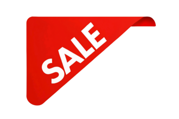 Bright red corner tag with the word sale in white text isolated on transparent background