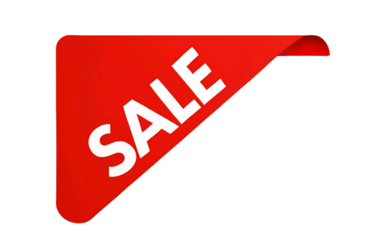 Bright red corner tag with the word sale in white text isolated on transparent background