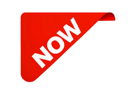 Bright red corner tag with the word now in white text isolated on transparent background