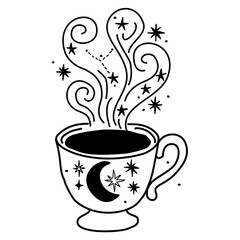 Celestial Cup Line Art Illustration with Moon Stars and Steam Constellations Whimsical Cosmic Christmas Drink Outline Cozy Winter Design for Holiday Cards and Crafts