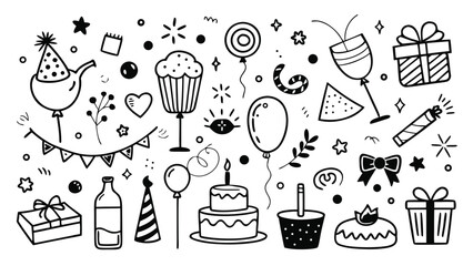 An assortment of birthday party clipart showcasing balloons, a cake, and presents in bright colors..eps