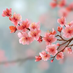 Obraz premium A vibrant branch of cherry blossoms in soft pink hues, perfect for springtime themes, nature-related projects, or decorative designs, This image adds elegance to invitations and website backgrounds,