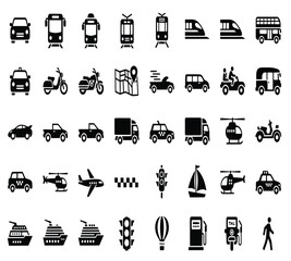 Collection of transportation icons isolated on white background, featuring a variety of vehicles such as cars, buses, trains, airplanes, ships, and more, all in simple black silhouettes
