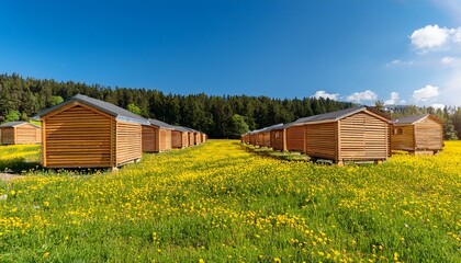 modern wooden chicken coops standing in a green field full of yellow flowers with a forest in the background during a sunny day representing sustainable and ecological farming practices