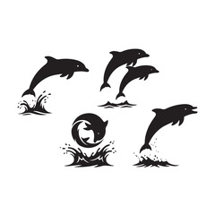 Silhouette of a dolphin jumping out of water, white background
