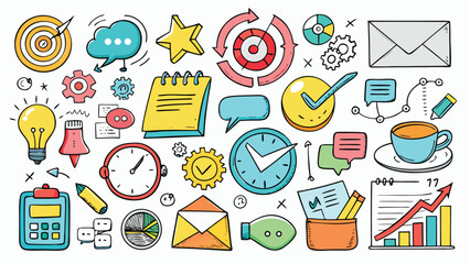 Black and white drawing featuring various business items, including a briefcase, calculator, and notepad..eps