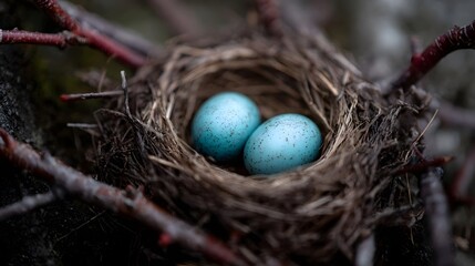 Obraz premium A close up of two delicate blue robin eggs nestled in a natural twig nest on a tree branch