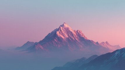 Alpenglow Mountain Peak over Fog with Dreamy Pink and Purple Sky