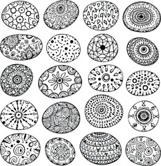 Collection of 20 decorative black and white Easter egg patterns grid ornamental oval designs