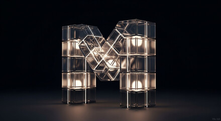 Illuminated geometric letter m sculpture with modern design and warm light against a dark background