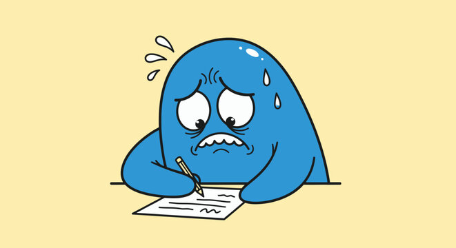 Anxious blue blob character struggles with writing task under pressure and stress