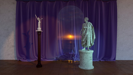 Two statues stand before a flowing curtain, revealing a vibrant sunrise beyond.

