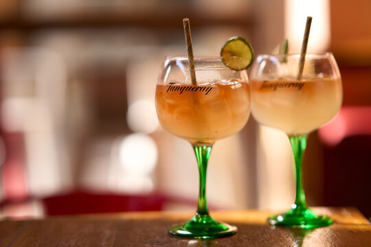 Nairobi, Kenya - October 18th 2025 - Two glasses of Tanqueray Gin and Tonic