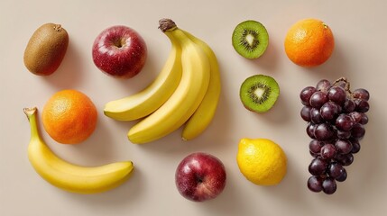 Assorted fresh fruits on neutral background, healthy food diversity