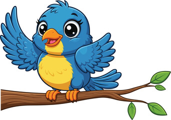 Cartoon blue bird vector illustration, cute forest animal character design, children’s wildlife artwork, funny mascot drawing, playful singing bird art, cad drawing flat vector illustration