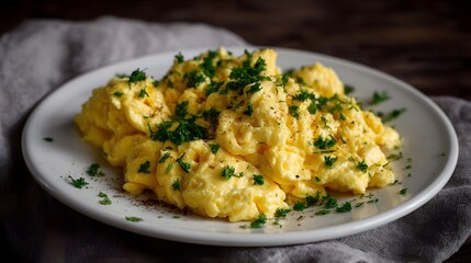 A close up appetizing plate of fluffy scrambled eggs garnished with fresh parsley and pepper perfect for a morning breakfast
