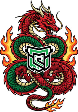 Coiled dragon mascot wrapped around the emblem
