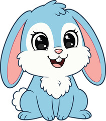 Cartoon blue bunny sitting with big eyes, cute rabbit character illustration, children’s book animal artwork, playful design, cad drawing flat vector illustration