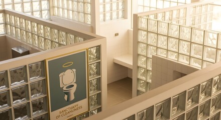Modern public restroom with translucent glass block partitions and a humorous toilet artwork emphasizing cleanliness and relief
