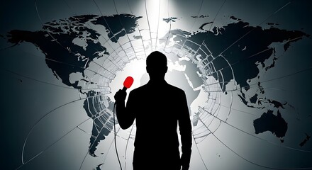 A silhouetted figure standing before a fractured world map, symbolizing global influence, communication impact, and the dissemination of critical information across international landscapes