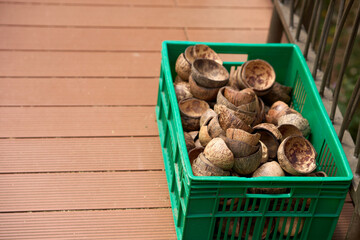Nairobi, Kenya - October 18th 2025 - Giraffe Center, Crate with coconut shells