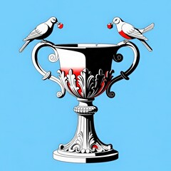Two small birds perched on the handles of an ornate silver trophy holding red berries in their beaks
