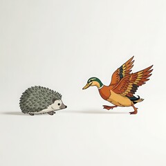 A curious hedgehog stands on a plain background facing a mallard duck in mid stride with wings spread