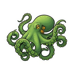 Vibrant green octopus with swirling tentacles and expressive eyes isolated on a white background a marine creature illustration