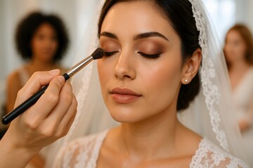 Professional Makeup Artist Applies Neutral Eyeshadow to Bride's Eyelids, Achieving a Subtle and Elegant Look for Her Special Day, Bridesmaids in Soft Focus Background