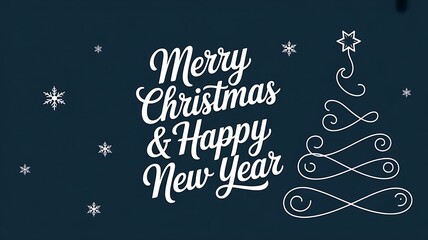 Merry Christmas and Happy New Year Text with Christmas Tree and Snowflakes on Dark Blue