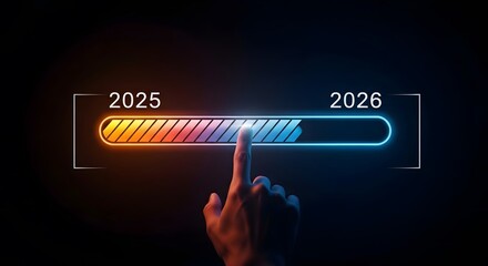 Loading bar from year 2025 to 2026 with hand touching progress bar for new year concept