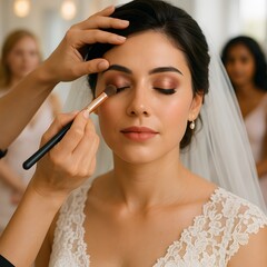 Skilled Makeup Artist Applies Shimmering Eyeshadow to Bride-to-Be, Creating a Luminous Eye Look as Bridesmaids Observe in the Background, Focus on Bridal Beauty