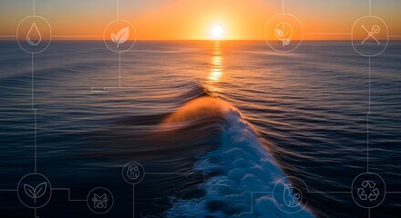 Navigating towards a sustainable future with icons for recycling, clean water, and green energy over a tranquil ocean at sunrise