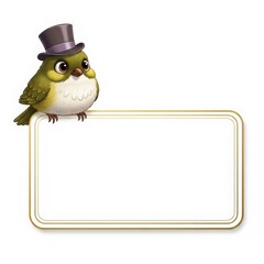 Charming little bird wearing a top hat perched on a blank white sign for text or messages