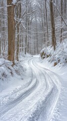 Fototapeta premium Quiet winter road in a snow-covered forest, tall trees, and fresh snowfall create a serene scene