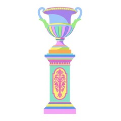 Vibrant and colorful trophy cup displayed on an ornate pedestal in a whimsical artistic style