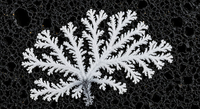 Abstract macro of white frost fern on black porous rock