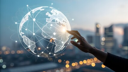 Hand touching a glowing digital globe with interconnected network lines earth world