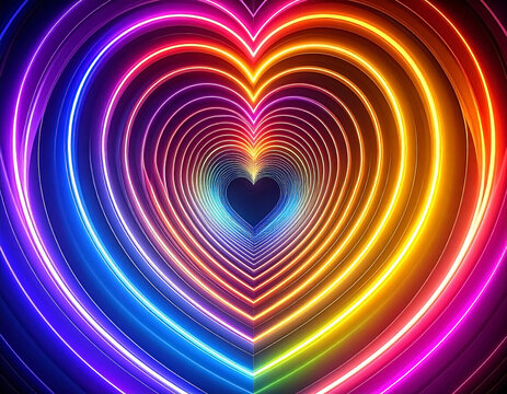 Neon heart tunnel, rainbow gradient lines converging to central dark heart