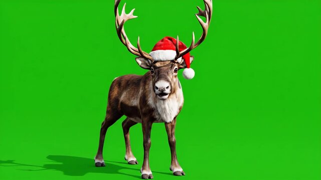 Christmas Deer on Green Screen - This stock video features a full body shot of a Christmas deer wearing a red Santa Claus hat, set against a green screen background.