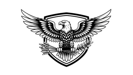 A regal eagle with outstretched wings and arrows, in a crest with laurel leaves