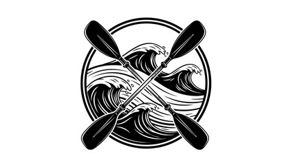 Black and white illustration featuring crossed paddles over ocean waves, framed in a circle