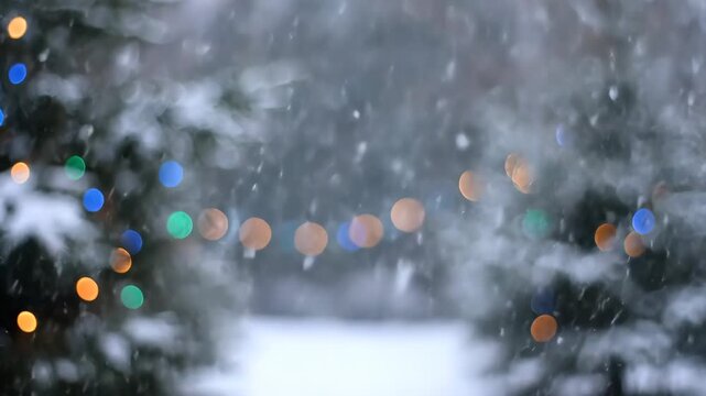 Gentle Snowfall Background - A soft, blurred background shows tiny snowflakes falling between snow-covered trees decorated with colorful lights.