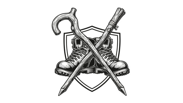 A monochrome emblem features boots, walking sticks, and a cane in a crest design